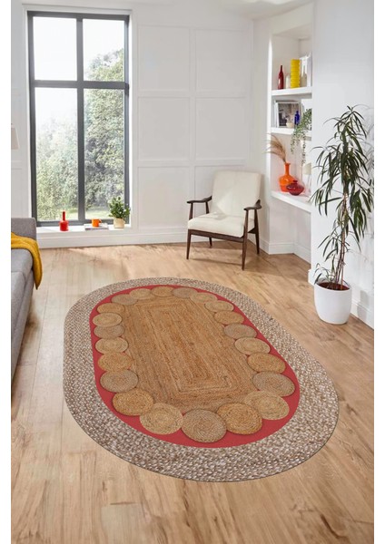 Dijital Kaymaz Yıkanabilir Jüt-Hasır Oval Mutfak Yolluk Koridor Salon Halısı, O-Jüt-10-Kırmızı,