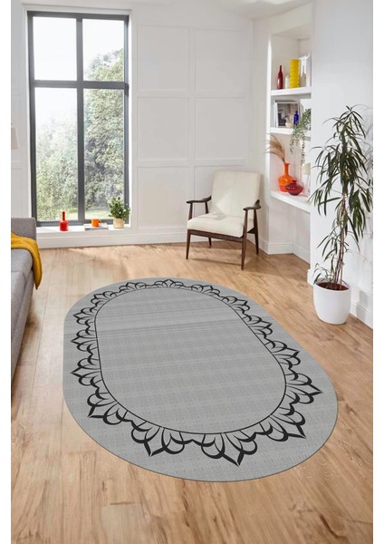 Klasik Hasır Desen Dijital Kaymaz Yıkanabilir Oval Yolluk Koridor Salon Halısı, O-18-Gri,
