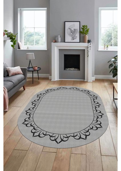 Klasik Hasır Desen Dijital Kaymaz Yıkanabilir Oval Yolluk Koridor Salon Halısı, O-18-Gri, indirimleri