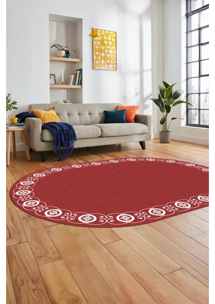 Jüt-Hasır Desen Dijital Kaymaz Yıkanabilir Oval Yolluk Koridor Salon Halısı, O-Jüt-15-Kırmızı,