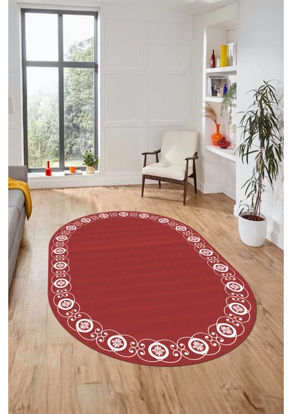 Jüt-Hasır Desen Dijital Kaymaz Yıkanabilir Oval Yolluk Koridor Salon Halısı, O-Jüt-15-Kırmızı,