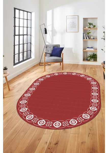 Jüt-Hasır Desen Dijital Kaymaz Yıkanabilir Oval Yolluk Koridor Salon Halısı, O-Jüt-15-Kırmızı,