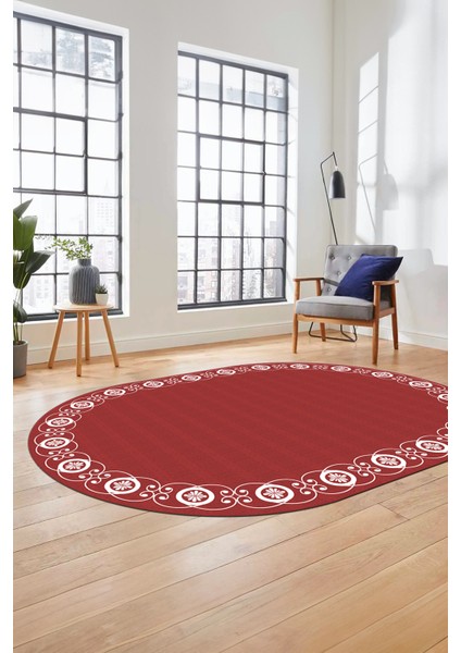 Jüt-Hasır Desen Dijital Kaymaz Yıkanabilir Oval Yolluk Koridor Salon Halısı, O-Jüt-15-Kırmızı,