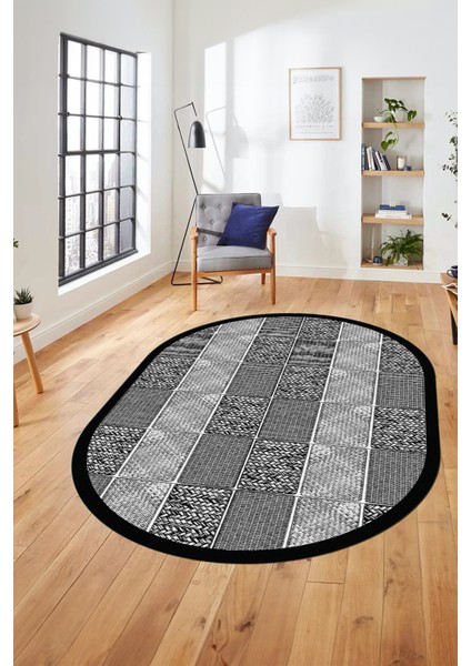 Dijital Kaymaz Yıkanabilir Jüt-Hasır Desenli Oval Mutfak Yolluk Salon Halısı, O-Jüt-02-Gri,