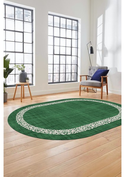 Dijital Kaymaz Yıkanabilir Jüt-Hasır Desen Modern Oval Mutfak Yolluk Salon Halısı, O-Jüt-04-Yeşil,