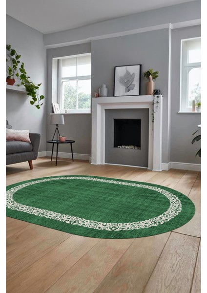 Dijital Kaymaz Yıkanabilir Jüt-Hasır Desen Modern Oval Mutfak Yolluk Salon Halısı, O-Jüt-04-Yeşil,