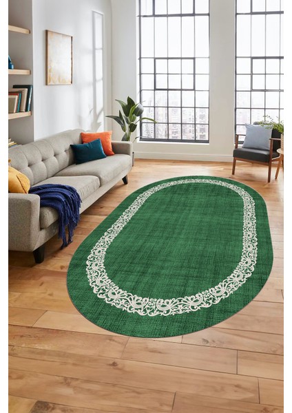 Dijital Kaymaz Yıkanabilir Jüt-Hasır Desen Modern Oval Mutfak Yolluk Salon Halısı, O-Jüt-04-Yeşil,