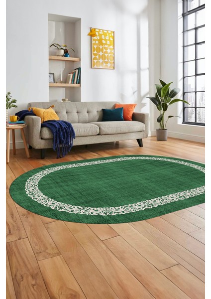 Dijital Kaymaz Yıkanabilir Jüt-Hasır Desen Modern Oval Mutfak Yolluk Salon Halısı, O-Jüt-04-Yeşil,