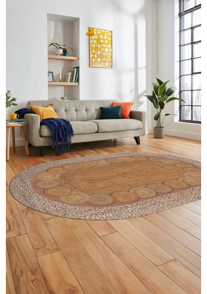 Dijital Kaymaz Yıkanabilir Jüt-Hasır Oval Mutfak Yolluk Koridor Salon Halısı, O-Jüt-10-Kahve,