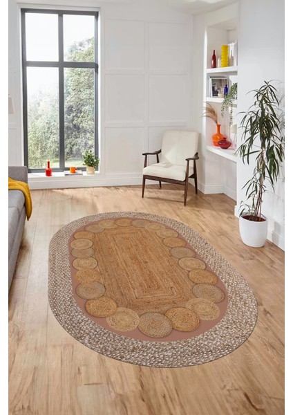 Dijital Kaymaz Yıkanabilir Jüt-Hasır Oval Mutfak Yolluk Koridor Salon Halısı, O-Jüt-10-Kahve,