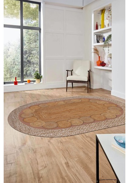 Dijital Kaymaz Yıkanabilir Jüt-Hasır Oval Mutfak Yolluk Koridor Salon Halısı, O-Jüt-10-Kahve,
