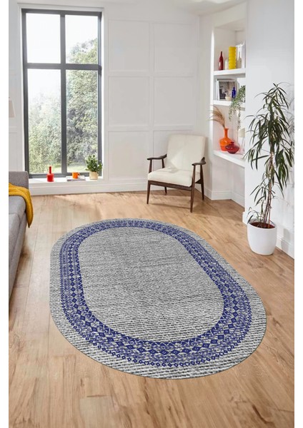 Dijital Kaymaz Yıkanabilir Zarif Jüt-Hasır Desen Oval Mutfak Yolluk Salon Halısı, O-Jüt-09-Lacivert,