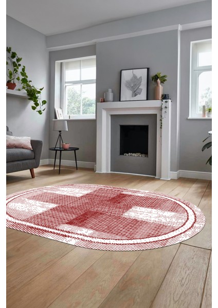 Jüt Desenli Dijital Kaymaz Yıkanabilir Oval Mutfak Yolluk Koridor Salon Halısı, O-Jüt-11-Kırmızı,