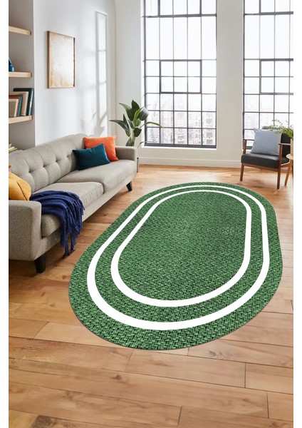 Jüt-Hasır Desen Dijital Baskı Kaymaz Yıkanabilir Oval Yolluk Koridor Salon Halısı, O-Jüt-12-Yeşil,