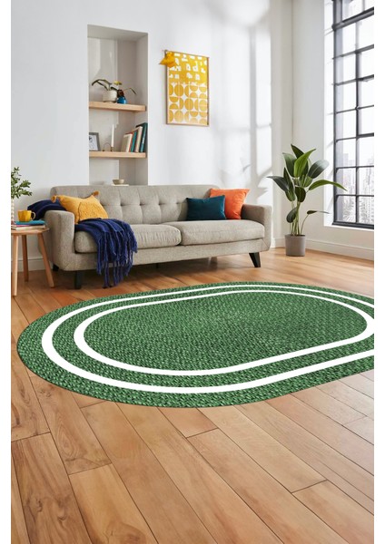 Jüt-Hasır Desen Dijital Baskı Kaymaz Yıkanabilir Oval Yolluk Koridor Salon Halısı, O-Jüt-12-Yeşil,