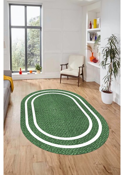 Jüt-Hasır Desen Dijital Baskı Kaymaz Yıkanabilir Oval Yolluk Koridor Salon Halısı, O-Jüt-12-Yeşil,