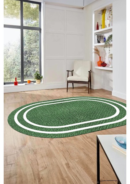 Jüt-Hasır Desen Dijital Baskı Kaymaz Yıkanabilir Oval Yolluk Koridor Salon Halısı, O-Jüt-12-Yeşil,
