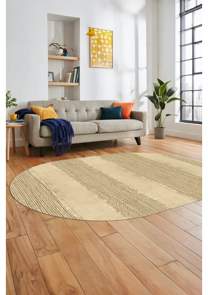 Jüt Desenli Dijital Kaymaz Yıkanabilir Modern Oval Yolluk Koridor Salon Halısı, O-Jüt-13-Krem,