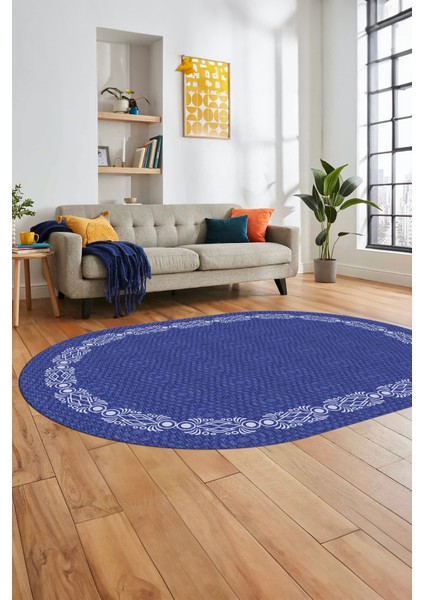 Modern Jüt Desenli Dijital Kaymaz Yıkanabilir Oval Yolluk Koridor Salon Halısı, O-Jüt-14-Mavi,