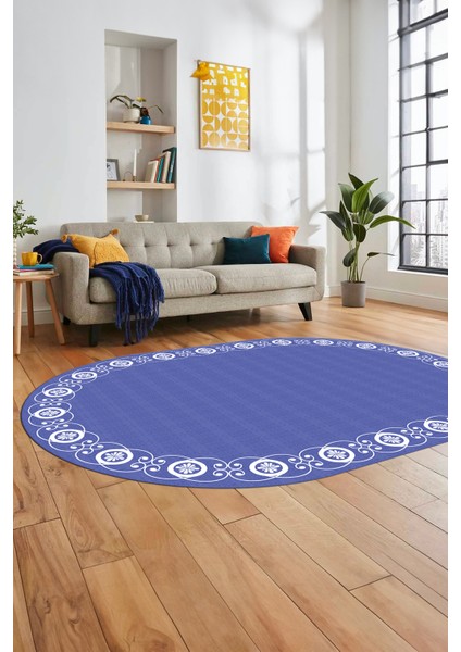 Jüt-Hasır Desen Dijital Kaymaz Yıkanabilir Oval Yolluk Koridor Salon Halısı, O-Jüt-15-Mavi,