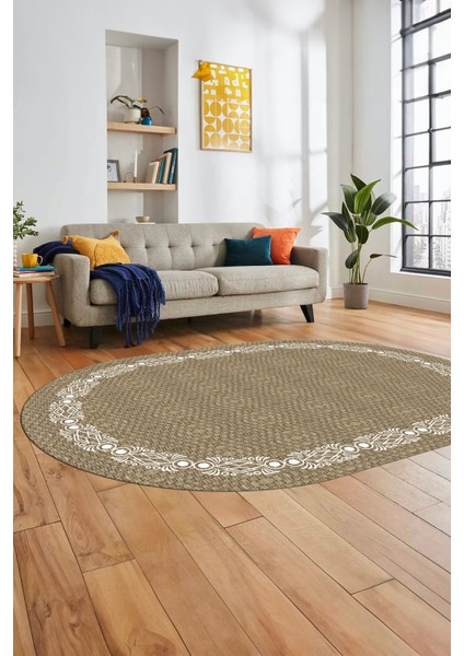 Modern Jüt Desenli Dijital Kaymaz Yıkanabilir Oval Yolluk Koridor Salon Halısı, O-Jüt-14-Vizon,