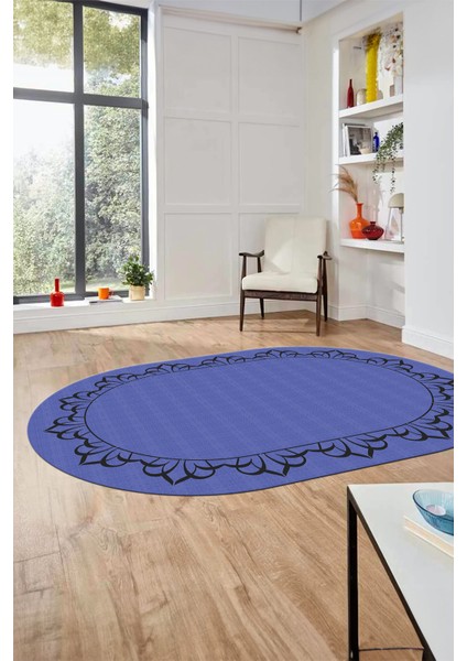 Klasik Hasır Desen Dijital Kaymaz Yıkanabilir Oval Yolluk Koridor Salon Halısı, O-18-Mavi,