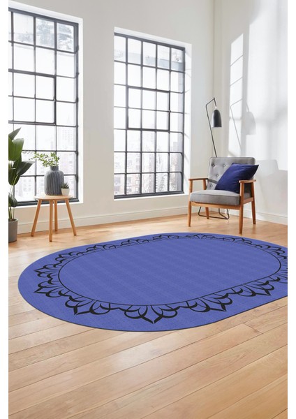 Klasik Hasır Desen Dijital Kaymaz Yıkanabilir Oval Yolluk Koridor Salon Halısı, O-18-Mavi, modelleri