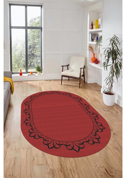 Klasik Hasır Desen Dijital Kaymaz Yıkanabilir Oval Yolluk Koridor Salon Halısı, O-18-Kırmızı,