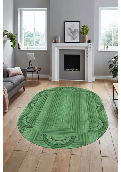 Dijital Kaymaz Yıkanabilir Modern Jüt-Hasır Desen Oval Mutfak Yolluk Salon Halısı, O-Jüt-08-Yeşil,