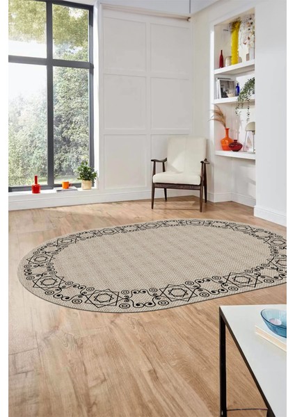 Çerçeveli Jüt-Hasır Desen Dijital Kaymaz Yıkanabilir Oval Yolluk Salon Halısı, O-Jüt-19-Krem,