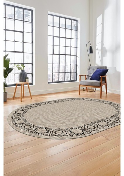 Çerçeveli Jüt-Hasır Desen Dijital Kaymaz Yıkanabilir Oval Yolluk Salon Halısı, O-Jüt-19-Krem, modelleri