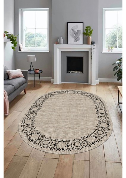 Çerçeveli Jüt-Hasır Desen Dijital Kaymaz Yıkanabilir Oval Yolluk Salon Halısı, O-Jüt-19-Krem, fırsatları