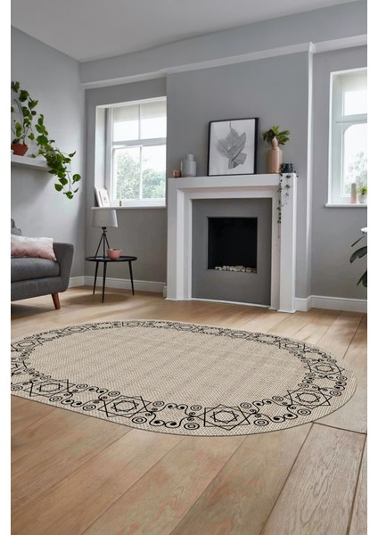 Çerçeveli Jüt-Hasır Desen Dijital Kaymaz Yıkanabilir Oval Yolluk Salon Halısı, O-Jüt-19-Krem, indirimleri