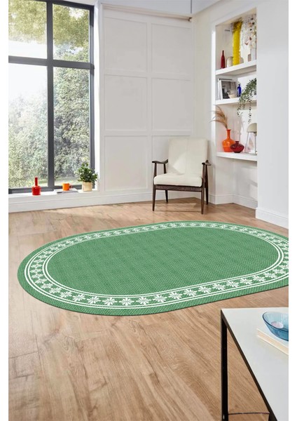 Çerçeveli Jüt-Hasır Desen Kaymaz Yıkanabilir Modern Oval Yolluk Salon Halısı, O-Jüt-20-Yeşil,