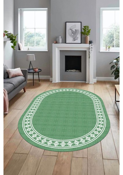 Çerçeveli Jüt-Hasır Desen Kaymaz Yıkanabilir Modern Oval Yolluk Salon Halısı, O-Jüt-20-Yeşil, fırsatları