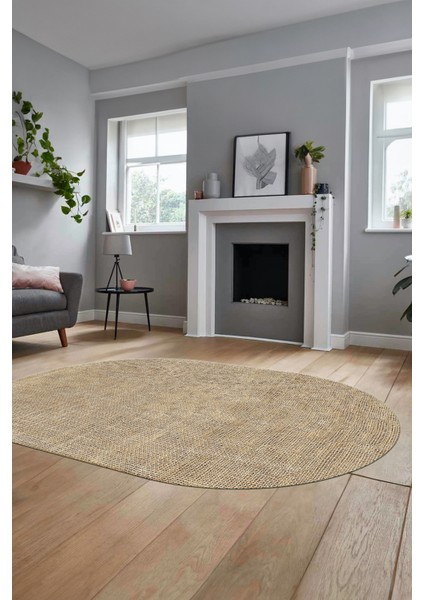 Dijital Kaymaz Yıkanabilir Şık Jüt-Hasır Tasarım Oval Mutfak Yolluk Salon Halısı, O-Jüt-07-Kahve,