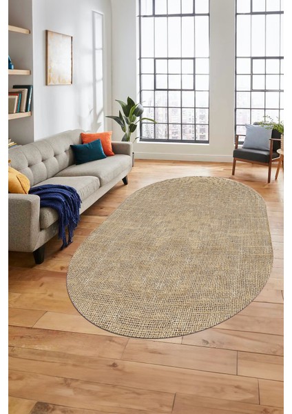 Dijital Kaymaz Yıkanabilir Şık Jüt-Hasır Tasarım Oval Mutfak Yolluk Salon Halısı, O-Jüt-07-Kahve,