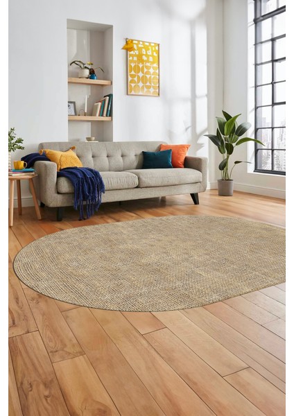 Dijital Kaymaz Yıkanabilir Şık Jüt-Hasır Tasarım Oval Mutfak Yolluk Salon Halısı, O-Jüt-07-Kahve,