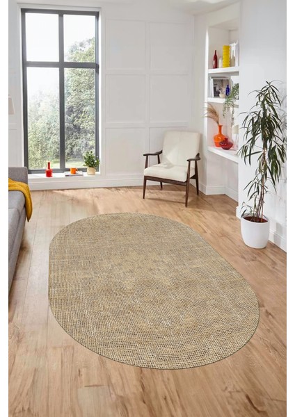 Dijital Kaymaz Yıkanabilir Şık Jüt-Hasır Tasarım Oval Mutfak Yolluk Salon Halısı, O-Jüt-07-Kahve,