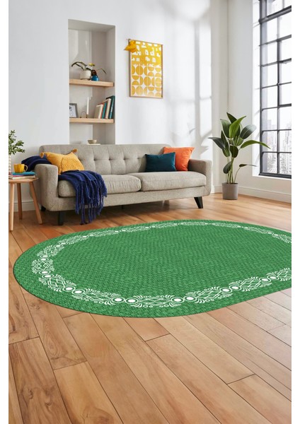 Modern Jüt Desenli Dijital Kaymaz Yıkanabilir Oval Yolluk Koridor Salon Halısı, O-Jüt-14-Yeşil,