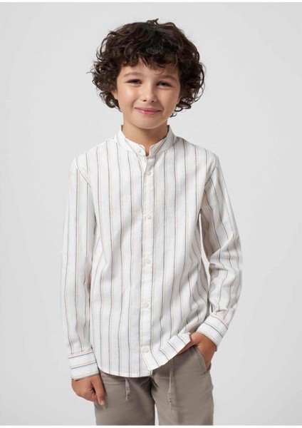 Yazlık Erkek Uzun Kol Çizgili Gömlek - Ekru