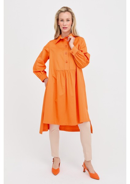 Gömlek Yaka Oversize Koton Tunik - Oranje