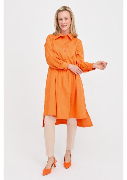 Gömlek Yaka Oversize Koton Tunik - Oranje