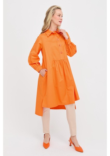 Gömlek Yaka Oversize Koton Tunik - Oranje