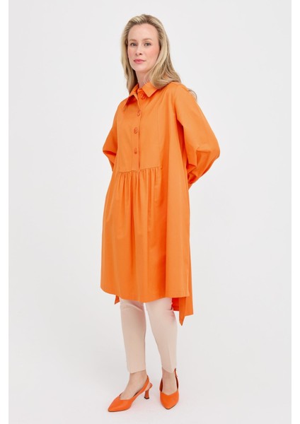 Gömlek Yaka Oversize Koton Tunik - Oranje