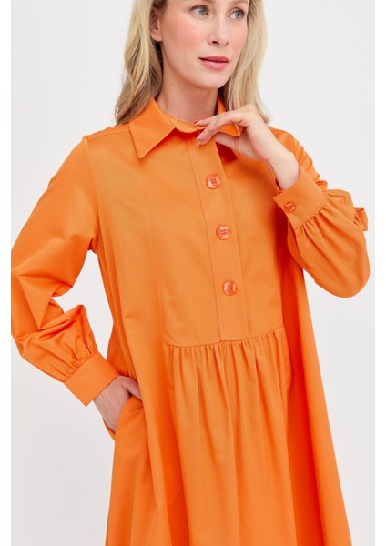 Gömlek Yaka Oversize Koton Tunik - Oranje