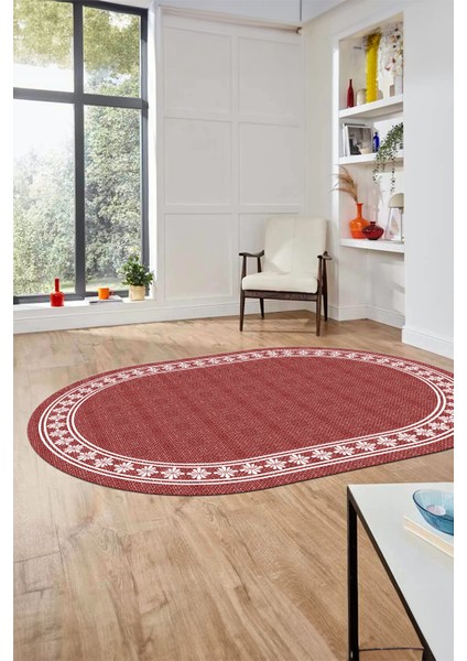 Çerçeveli Jüt-Hasır Desen Kaymaz Yıkanabilir Modern Oval Yolluk Salon Halısı, O-Jüt-20-Kırmızı,
