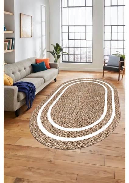 Jüt-Hasır Desen Dijital Baskı Kaymaz Yıkanabilir Oval Yolluk Koridor Salon Halısı, O-Jüt-12-Kahve,