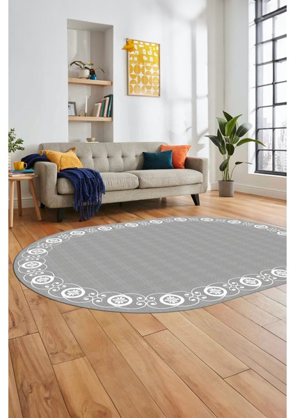 Jüt-Hasır Desen Dijital Kaymaz Yıkanabilir Oval Yolluk Koridor Salon Halısı, O-Jüt-15-Gri,