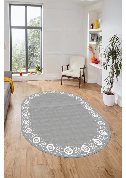 Jüt-Hasır Desen Dijital Kaymaz Yıkanabilir Oval Yolluk Koridor Salon Halısı, O-Jüt-15-Gri,